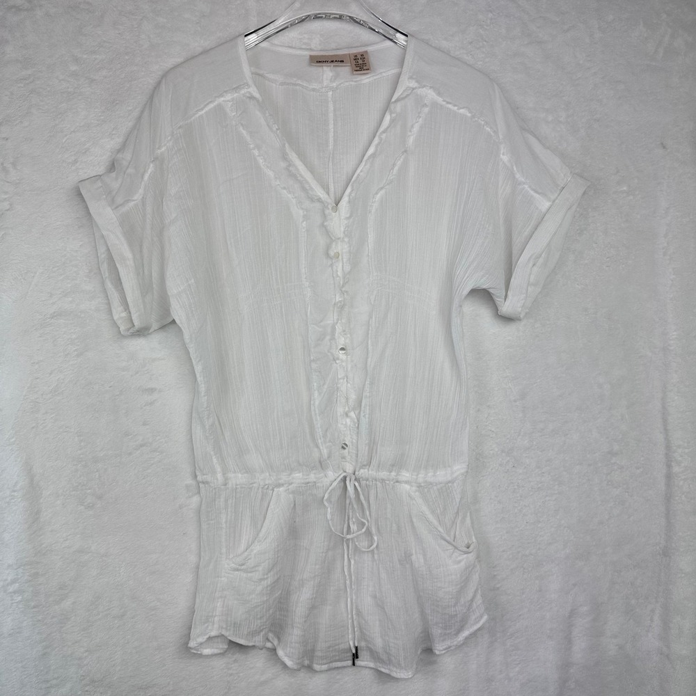 DKNY JEANS Womens White Gauze Drawstring Tunic Dress XS Beach Cover Up